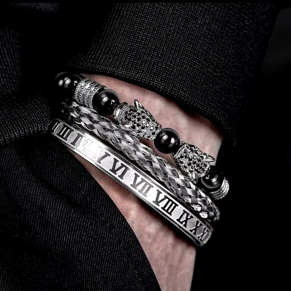 New 3PCS Mens Premium Black Agate Beaded Bracelet Set - Picture 9 of 12